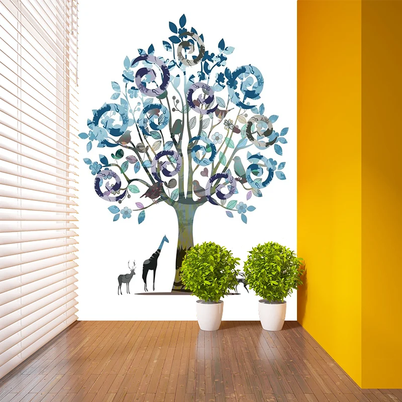 Papier peint mural plante aquarelle arbre, art mural contemporain lisse en bleu-violet Clearhalo