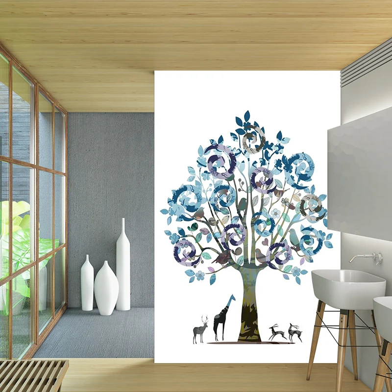 Papier peint mural plante aquarelle arbre, art mural contemporain lisse en bleu-violet Clearhalo