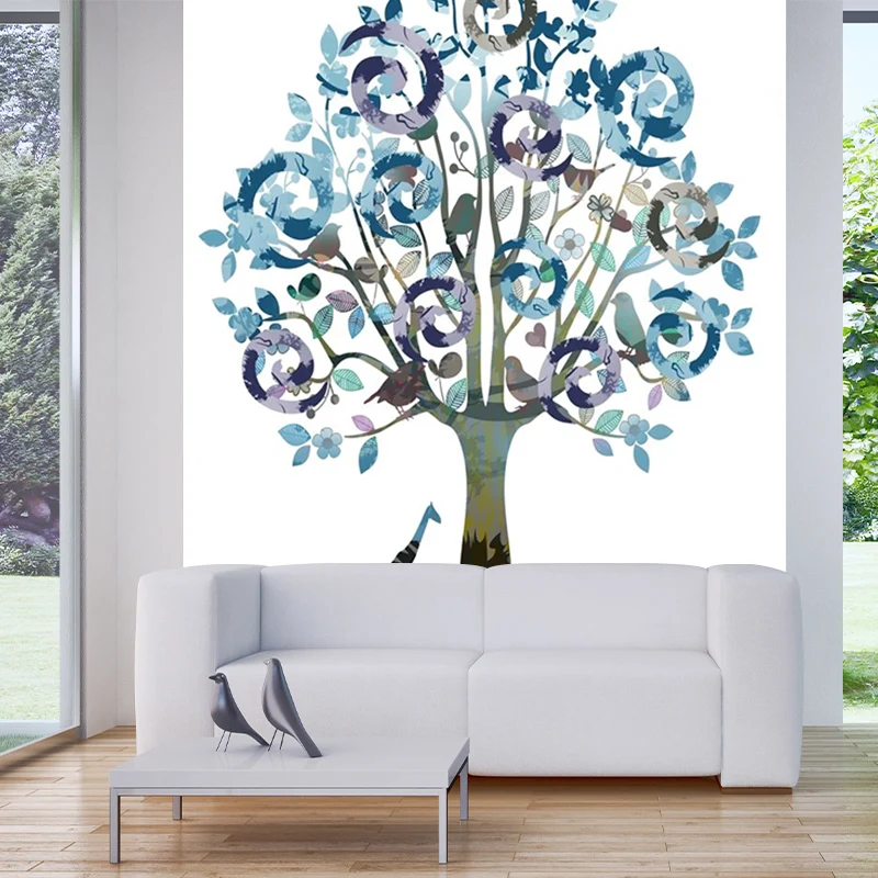 Papier peint mural plante aquarelle arbre, art mural contemporain lisse en bleu-violet Clearhalo
