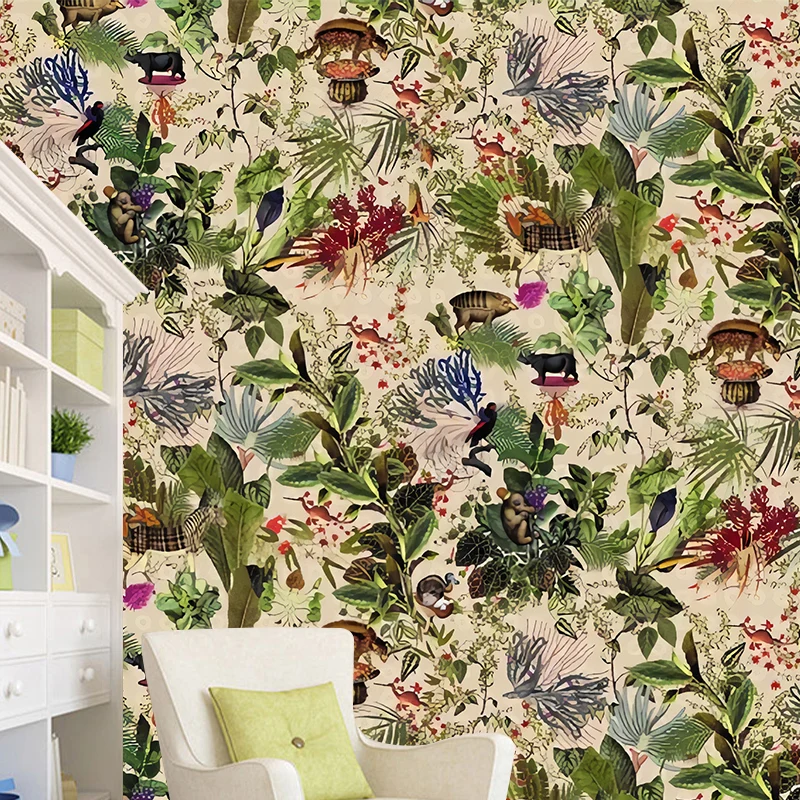 Papier peint mural de plantes de campagne pour mur d’accent, revêtement mural imprimé sur mesure en vert et jaune Clearhalo