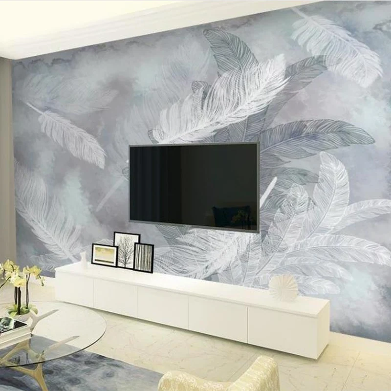 Papier peint mural en plumes en gris pastel, revêtement mural minimaliste pour la décoration de la chambre d’amis Clearhalo