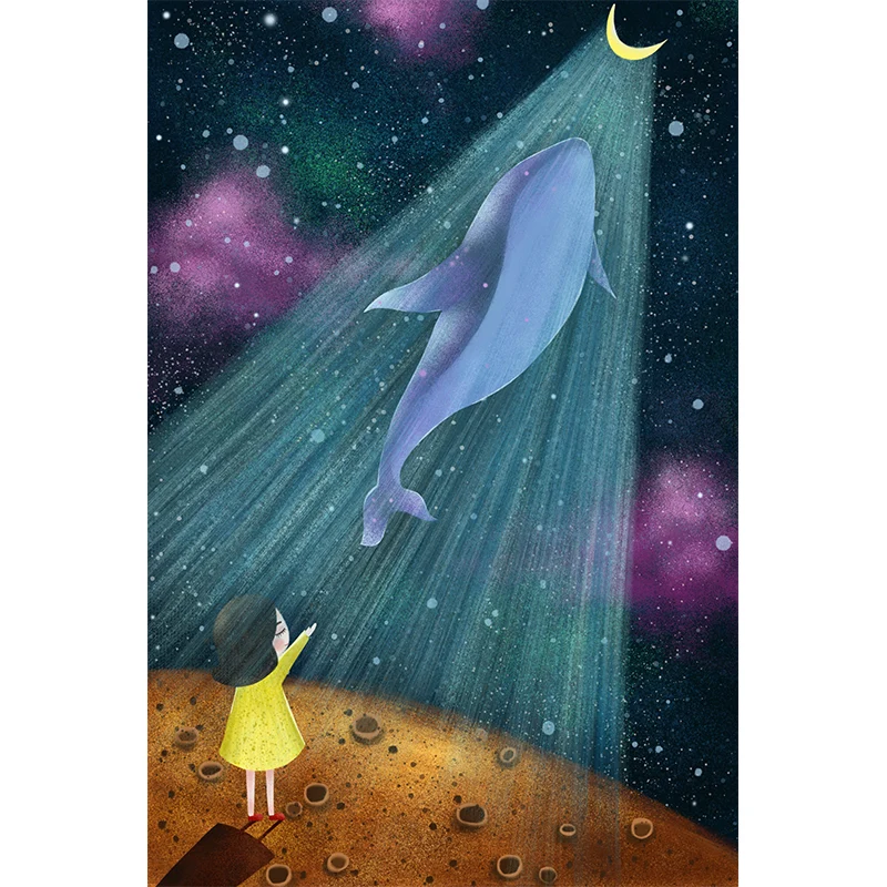 Papier peint Mural pour filles, dessin animé, avec baleine volant vers la lune, revêtement Mural jaune-bleu Clearhalo