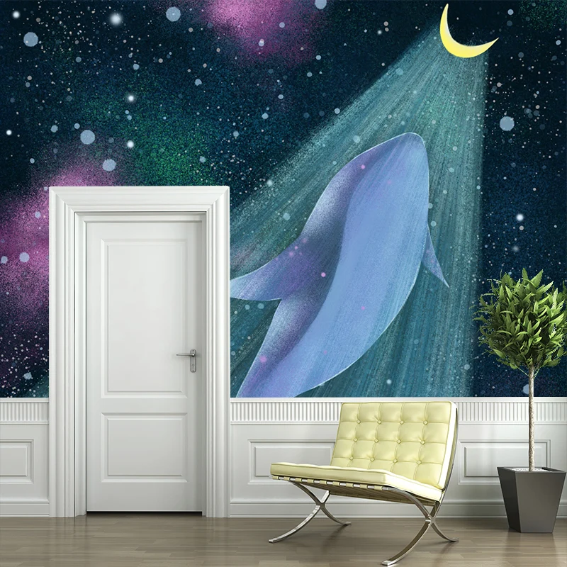 Papier peint Mural pour filles, dessin animé, avec baleine volant vers la lune, revêtement Mural jaune-bleu Clearhalo
