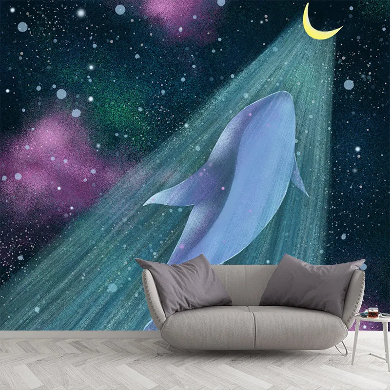Papier peint Mural pour filles, dessin animé, avec baleine volant vers la lune, revêtement Mural jaune-bleu Clearhalo