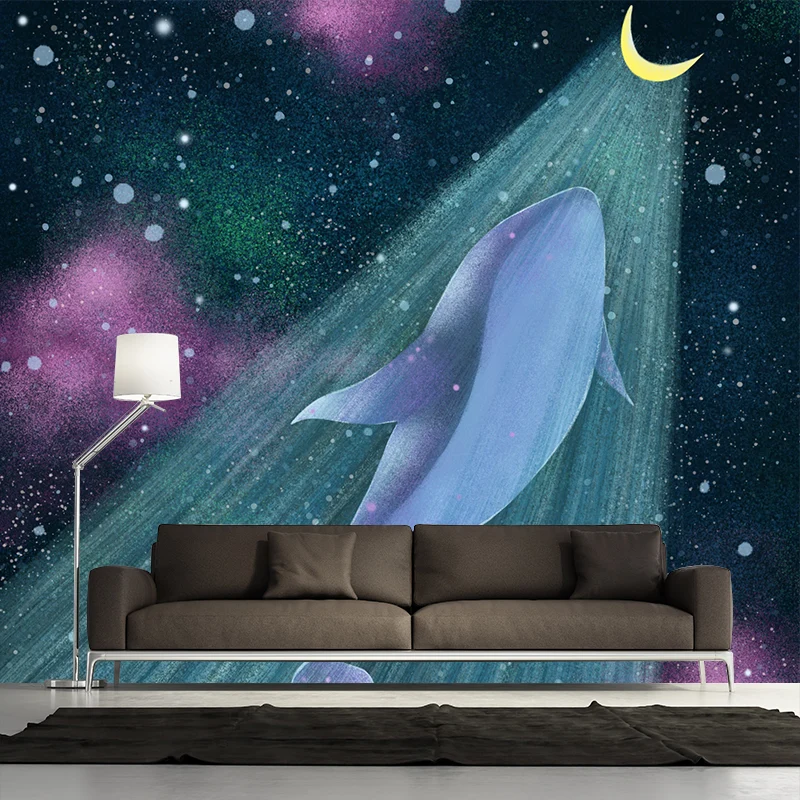 Papier peint Mural pour filles, dessin animé, avec baleine volant vers la lune, revêtement Mural jaune-bleu Clearhalo