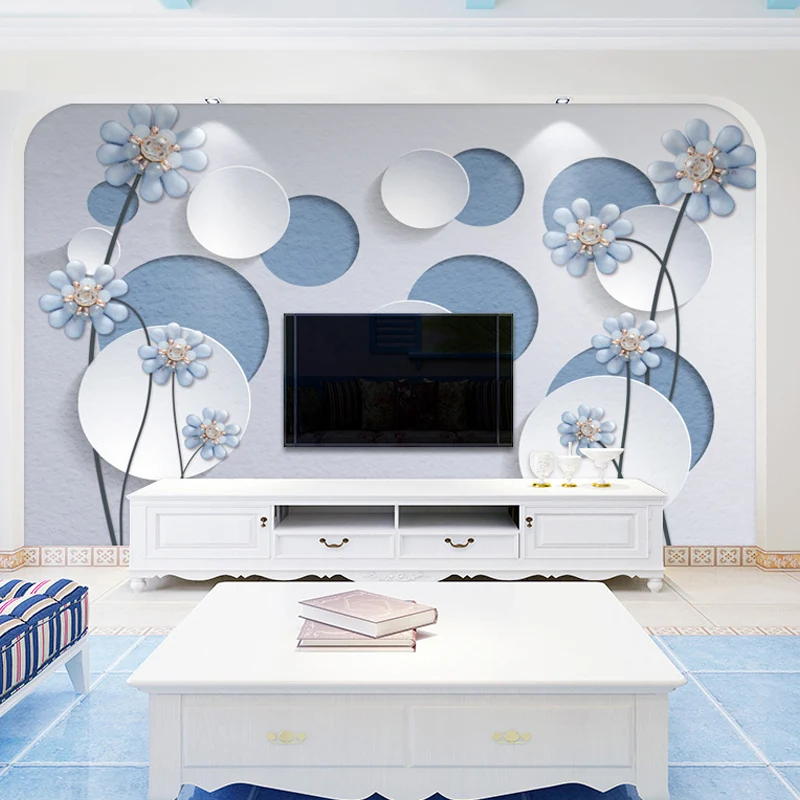 Papier peint mural rond 3D fantaisie pour décoration de chambre à coucher, bleu et blanc, taille personnalisée disponible...