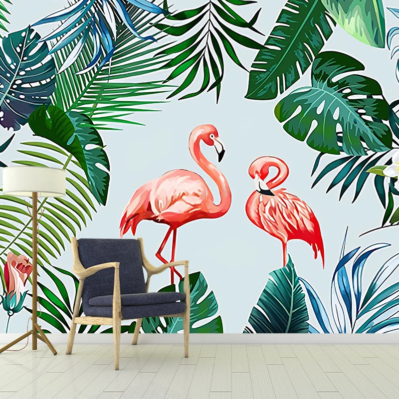 Papier peint mural simple avec flamant rose et vert et feuille de bananier, imprimé sur mesure Clearhalo