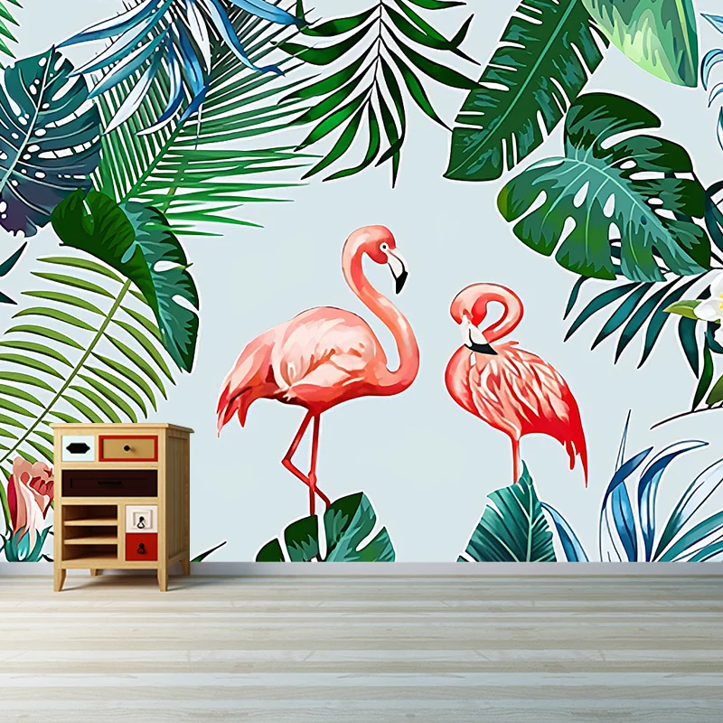 Papier peint mural simple avec flamant rose et vert et feuille de bananier, imprimé sur mesure Clearhalo