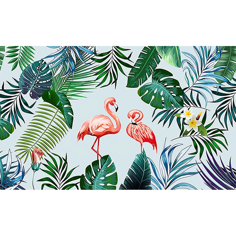 Papier peint mural simple avec flamant rose et vert et feuille de bananier, imprimé sur mesure Clearhalo