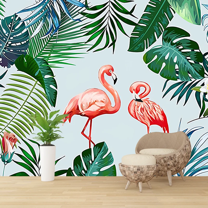 Papier peint mural simple avec flamant rose et vert et feuille de bananier, imprimé sur mesure Clearhalo