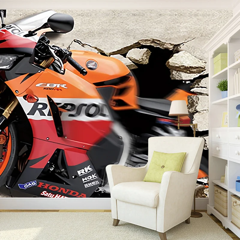 Papier peint mural vintage grande photo pour mur d'accent avec moto en orange et rouge Clearhalo