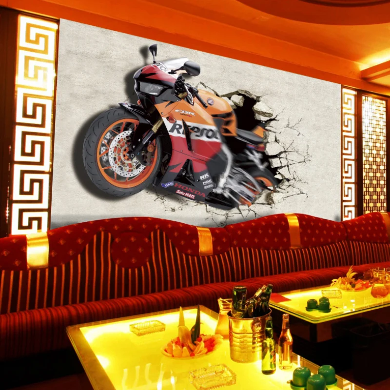 Papier peint mural vintage grande photo pour mur d'accent avec moto en orange et rouge Clearhalo