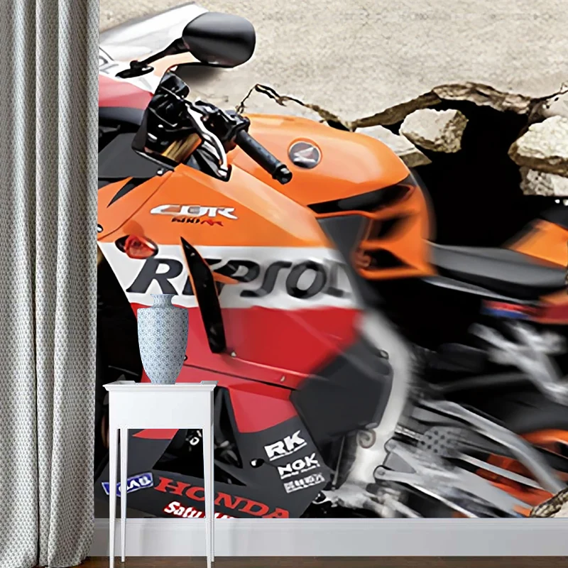 Papier peint mural vintage grande photo pour mur d'accent avec moto en orange et rouge Clearhalo
