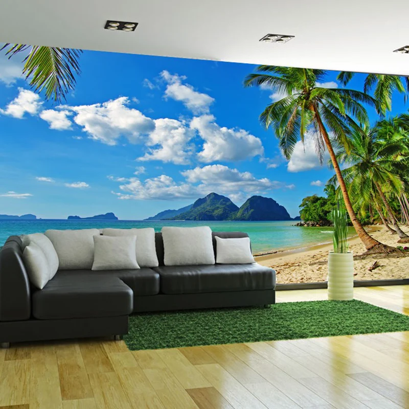 Papier peint photo mural bord de mer et ciel pour décor de restaurant en bleu, sur mesure Clearhalo