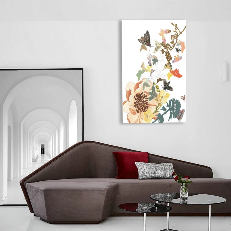 Papillon et fleur impression sur toile Style Pop Art fleur décoration murale en couleur pastel Clearhalo