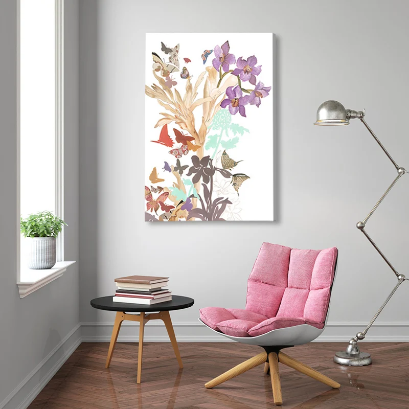 Papillon et fleur impression sur toile Style Pop Art fleur décoration murale en couleur pastel Clearhalo