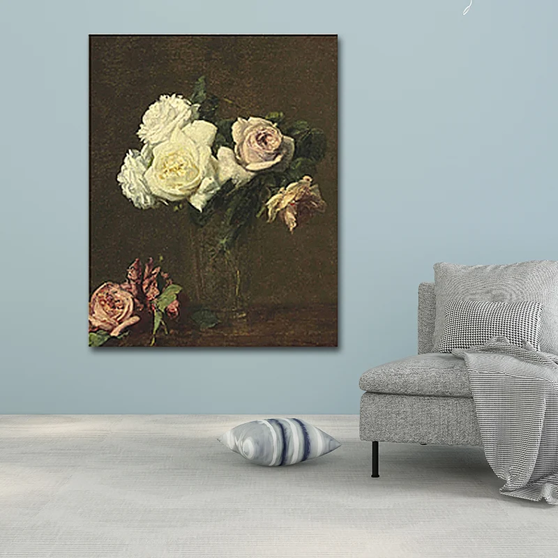 Peinture imprimée Rose Vase sur toile, Art mural texturé traditionnel en couleur Pastel Clearhalo