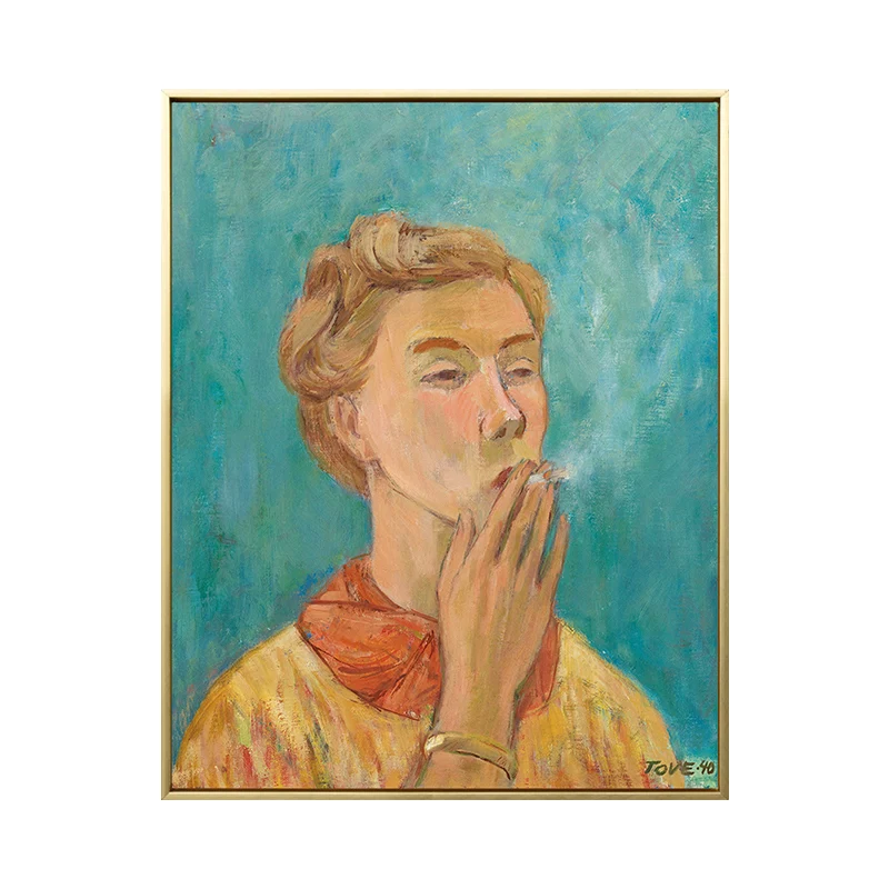 Peinture moderne garçon fumant, toile jaune texturée, impression d'art mural pour salon Clearhalo