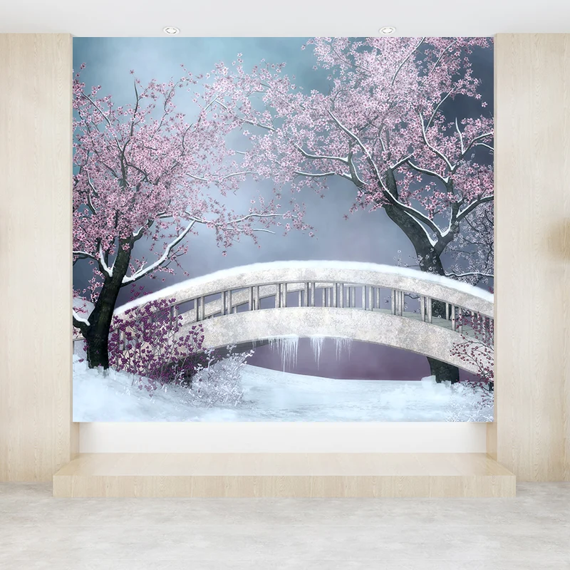 Peinture murale anti-taches en forme de fleur et de pont, Texture non tissée, Art mural moderne pour chambre d'amis Clearhalo