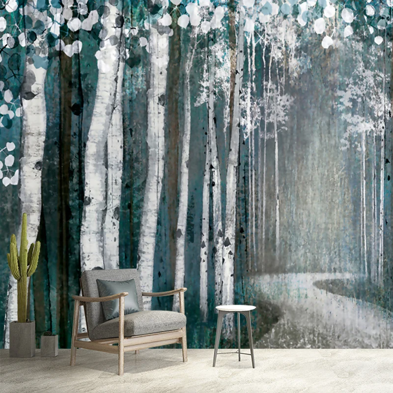 Peinture murale de chemin forestier, décoration murale d'art moderne gris-vert pour salon Clearhalo