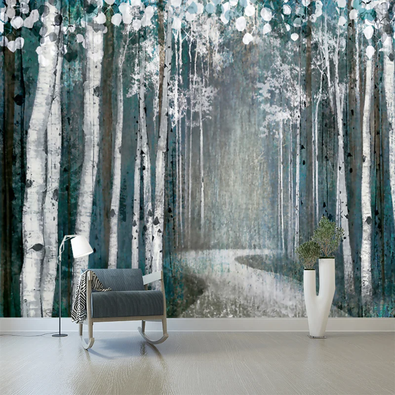 Peinture murale de chemin forestier, décoration murale d'art moderne gris-vert pour salon Clearhalo