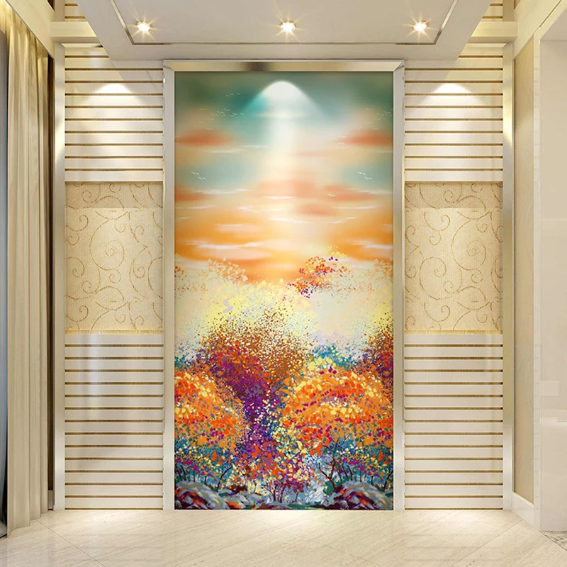 Peinture murale contemporaine orange et jaune extra large avec motif êt et ciel pour la décoration de la maison Clearhalo