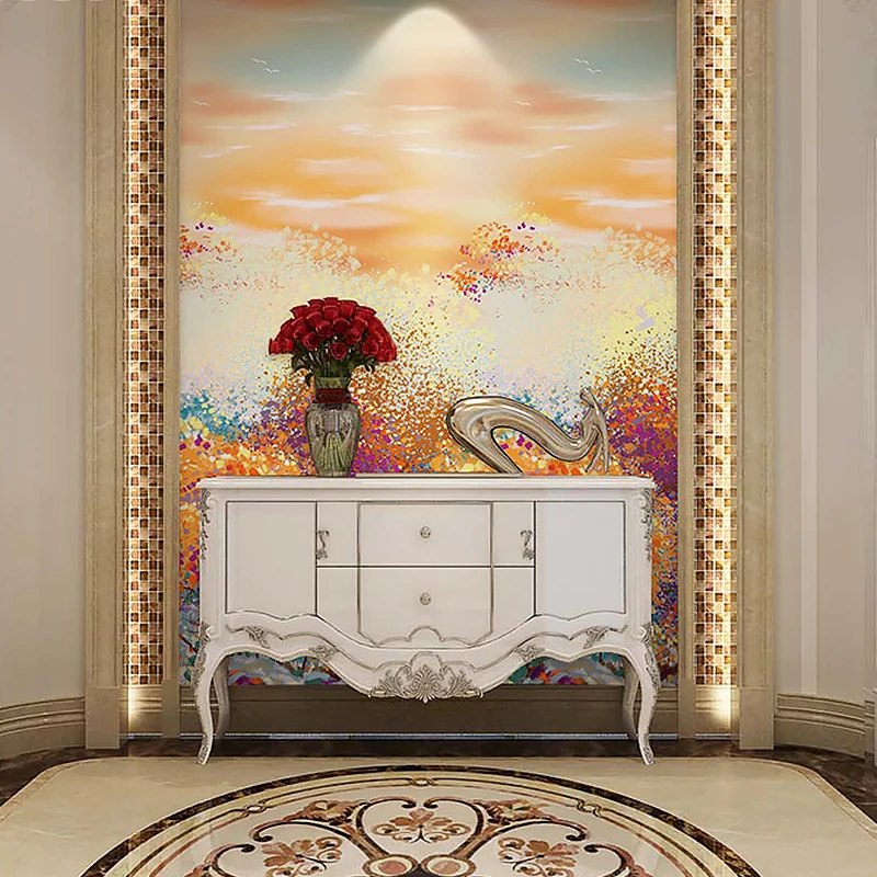 Peinture murale contemporaine orange et jaune extra large avec motif êt et ciel pour la décoration de la maison Clearhalo