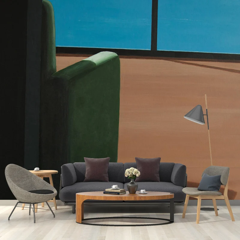 Peinture murale d'angle en papier peint bleu-marron, décoration murale d'art moderne pour salon Clearhalo