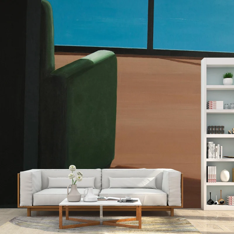 Peinture murale d'angle en papier peint bleu-marron, décoration murale d'art moderne pour salon Clearhalo
