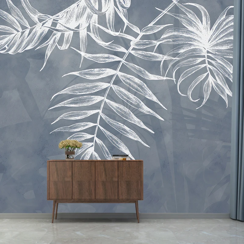 Peinture murale de feuilles nordiques en gris et blanc, revêtement mural minimaliste pour mur d’accent Clearhalo