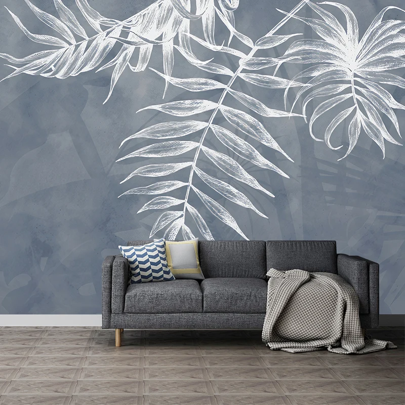 Peinture murale de feuilles nordiques en gris et blanc, revêtement mural minimaliste pour mur d’accent Clearhalo