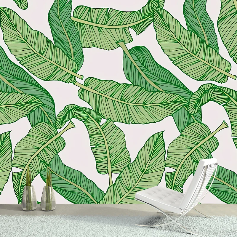 Peinture murale moderniste de feuilles de bananier en art mural vert et blanc pour chambre d’amis, taille personnalisée di...