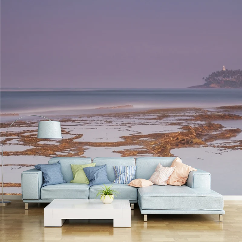 Peinture murale non tissée anti-taches sur les plaines de marée tropicales et les îles lointaines en violet-bleu Clearhalo