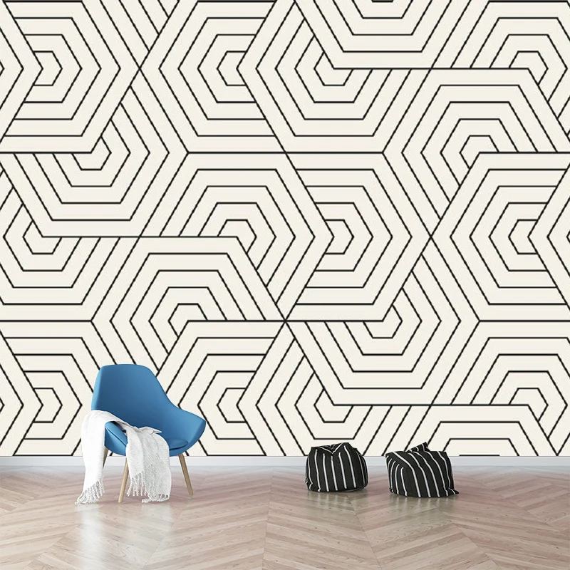 Peinture murale non tissée imperméable, motif hexagonal moderne sans couture, art mural en noir et blanc Clearhalo