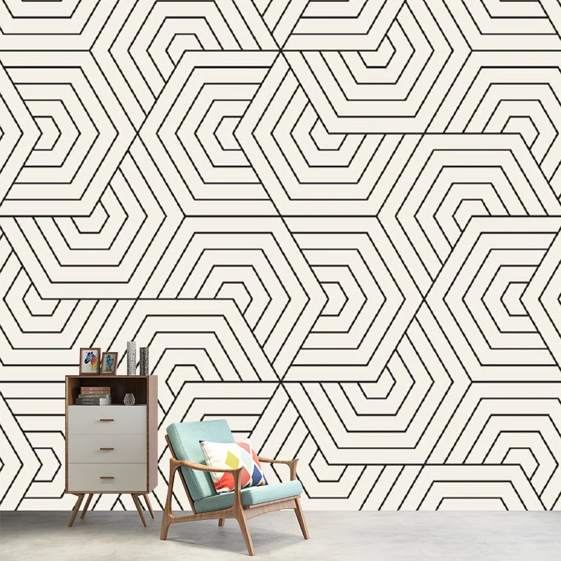 Peinture murale non tissée imperméable, motif hexagonal moderne sans couture, art mural en noir et blanc Clearhalo