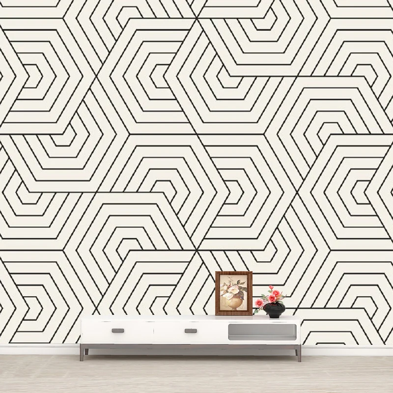 Peinture murale non tissée imperméable, motif hexagonal moderne sans couture, art mural en noir et blanc Clearhalo