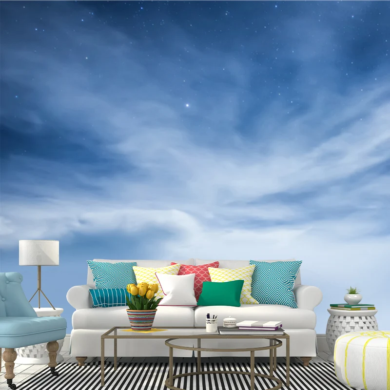 Peinture murale de paysage de ciel bleu-blanc, étoiles éblouissantes derrière les nuages, Art mural moderne étanche Clearhalo