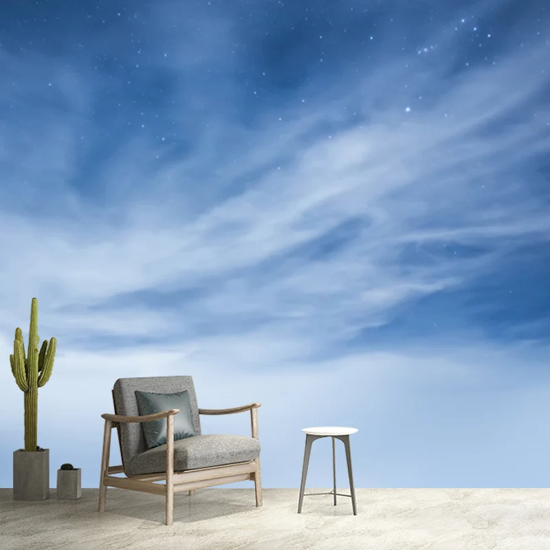 Peinture murale de paysage de ciel bleu-blanc, étoiles éblouissantes derrière les nuages, Art mural moderne étanche Clearhalo