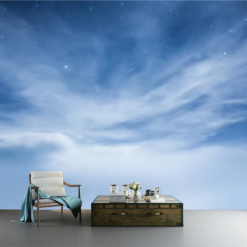 Peinture murale de paysage de ciel bleu-blanc, étoiles éblouissantes derrière les nuages, Art mural moderne étanche Clearhalo