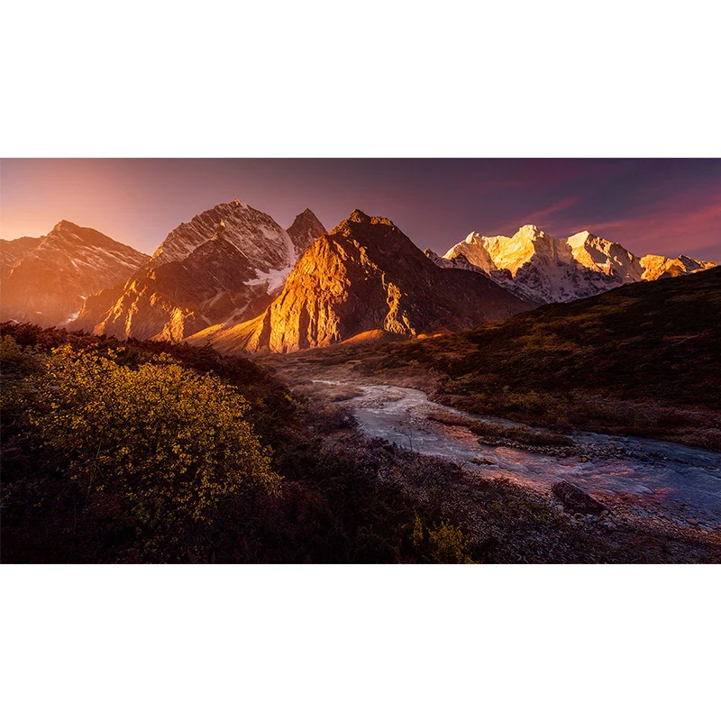 Peinture murale de paysage de grand coucher de soleil pour la maison, ruisseau coulant à travers la montagne, revêtement m...