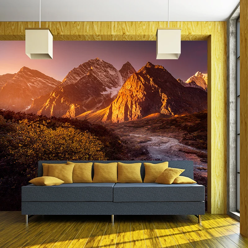 Peinture murale de paysage de grand coucher de soleil pour la maison, ruisseau coulant à travers la montagne, revêtement m...