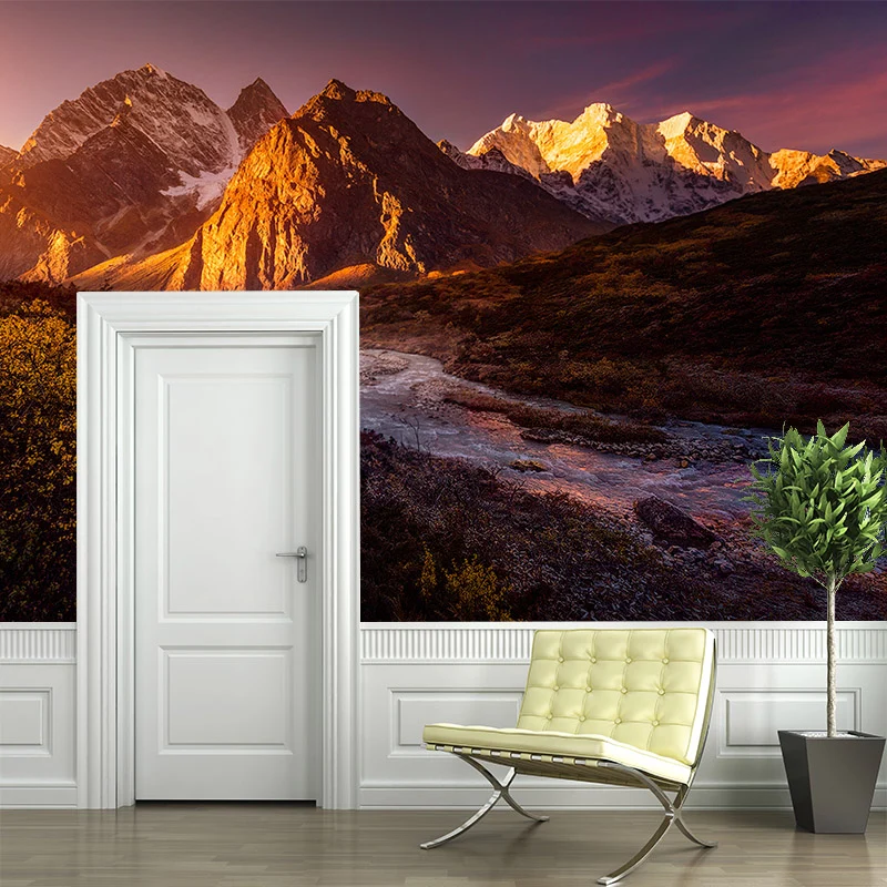 Peinture murale de paysage de grand coucher de soleil pour la maison, ruisseau coulant à travers la montagne, revêtement m...