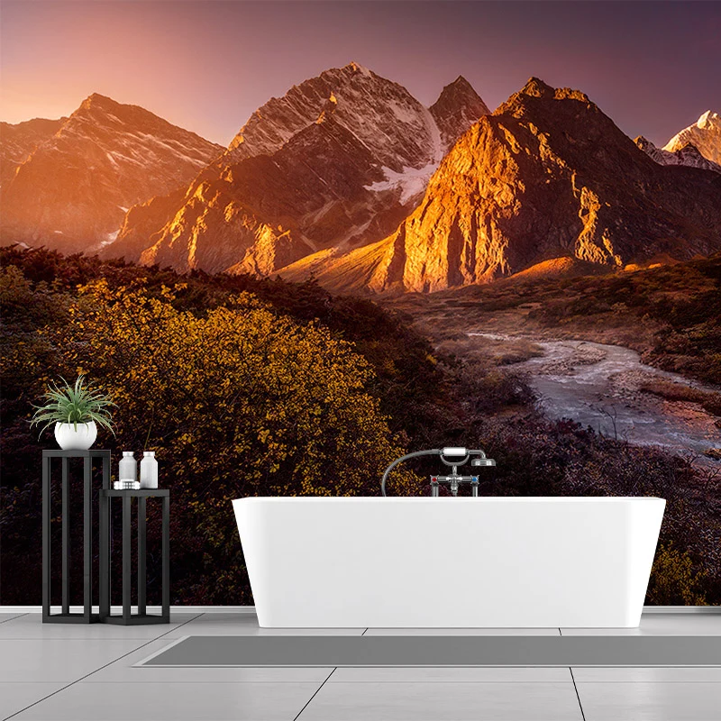 Peinture murale de paysage de grand coucher de soleil pour la maison, ruisseau coulant à travers la montagne, revêtement m...