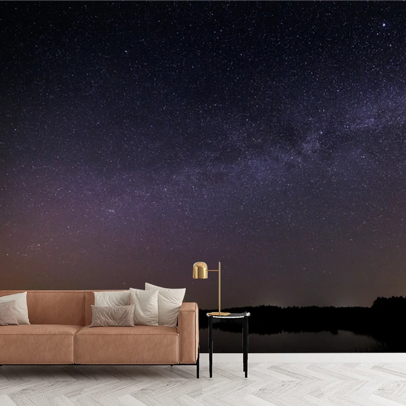 Peinture murale de paysage de lac de nuit de sérénité, décoration murale de ciel étoilé de chambre à coucher, taille en op...