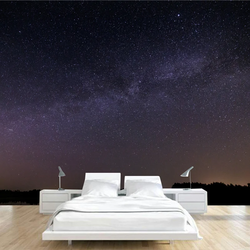 Peinture murale de paysage de lac de nuit de sérénité, décoration murale de ciel étoilé de chambre à coucher, taille en op...