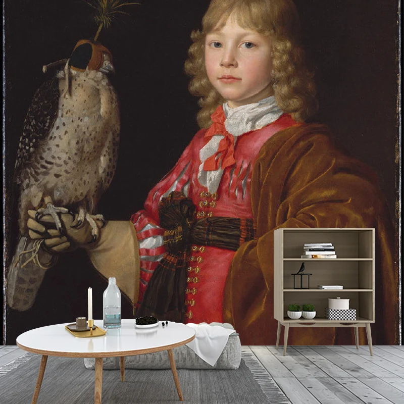 Peinture murale perroquet entier et fille en art mural intissé marron et rouge pour cheminée, imprimée sur mesure Clearhalo