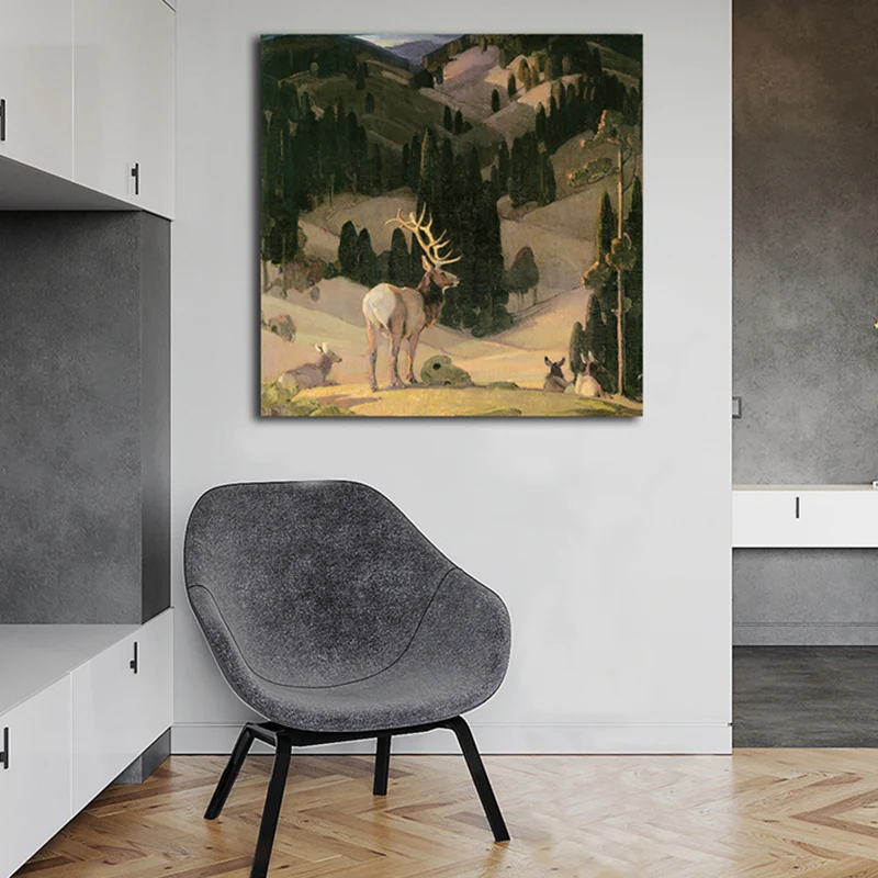 Peinture de renne des champs bruns, décoration murale texturée de Style impressionnisme pour salle à manger Clearhalo