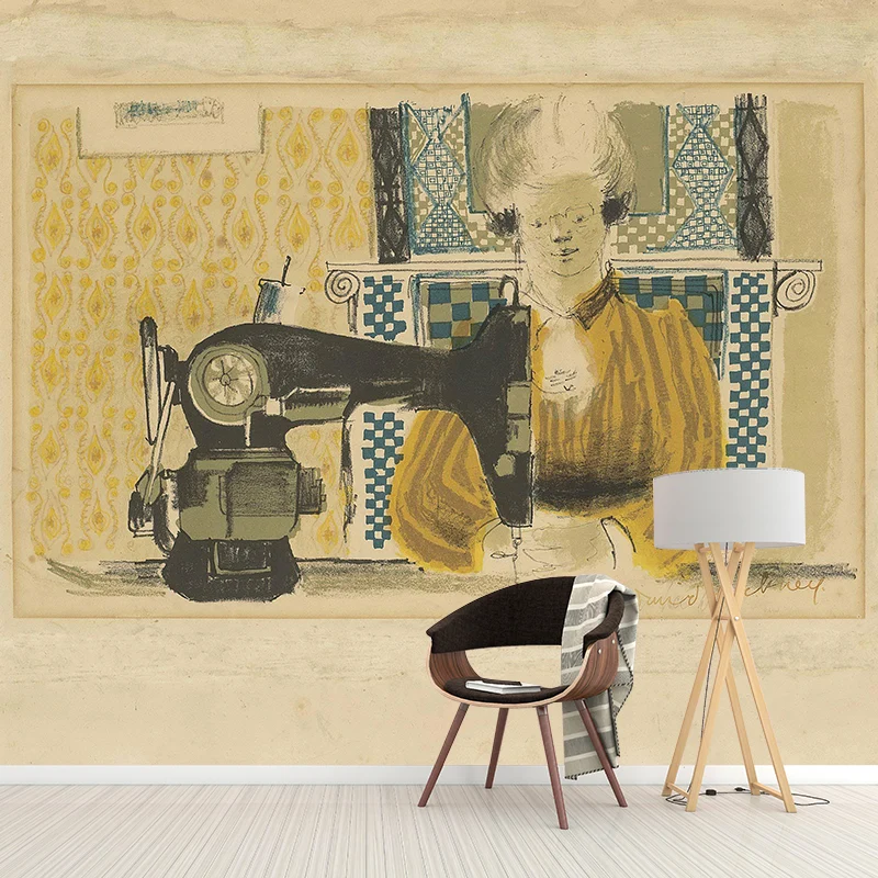 Peintures murales Art déco couleur Pastel, femme pleine grandeur avec Machine à coudre, dessin, revêtement mural pour la m...