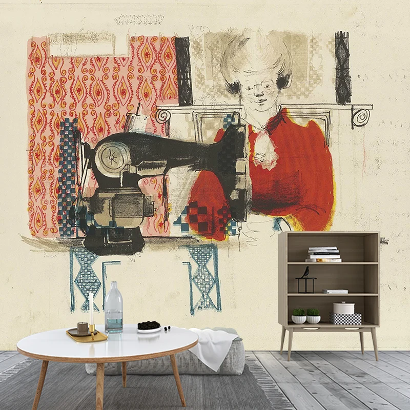 Peintures murales Art déco couleur Pastel, femme pleine grandeur avec Machine à coudre, dessin, revêtement mural pour la m...