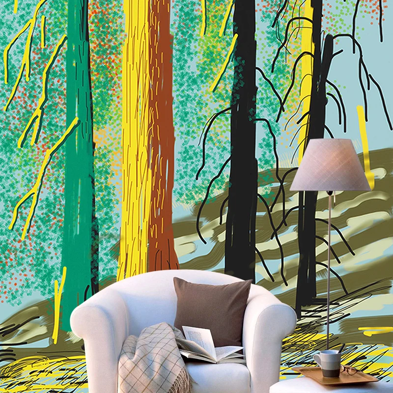 Peintures murales Art déco Yosemite Trees pour chambre à coucher, revêtement mural personnalisé en rouge-jaune-vert Clearhalo